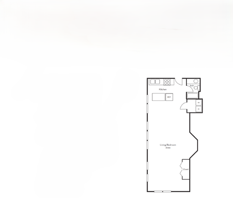 A floor plan of a room with a bed, a desk, and a closet.